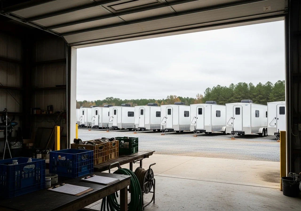 Professional restroom rental equipment and fleet ready for deployment at events and job sites.