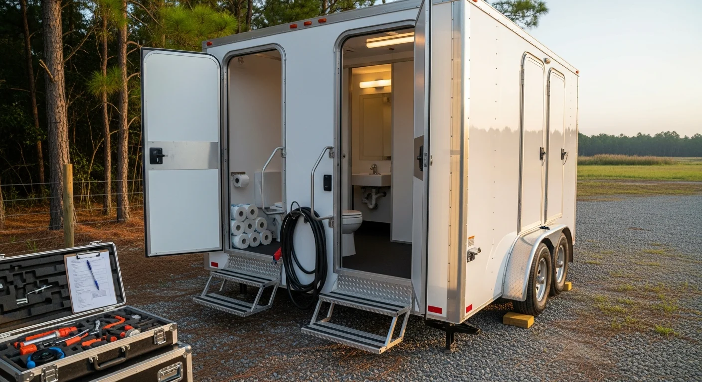 Luxury restroom trailer rental parked at an outdoor event
