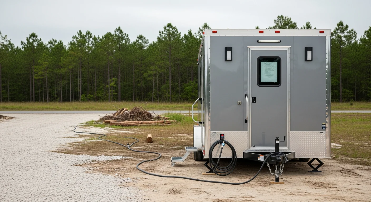 A clean, multi-stall bathroom trailer parked at an outdoor event site in Pender County, NC, with the trailer door open showing interior lighting and a sink vanity. The surrounding area shows a grassy rural setting typical of Pender County event venues.