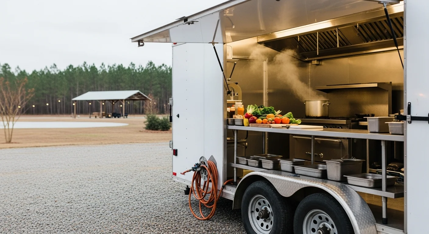 A commercial catering kitchen trailer parked at an outdoor event venue in Pender County, NC, with prep surfaces and cooking equipment visible inside the open unit. The trailer is set up on a grassy site typical of farm and festival venues in the area.