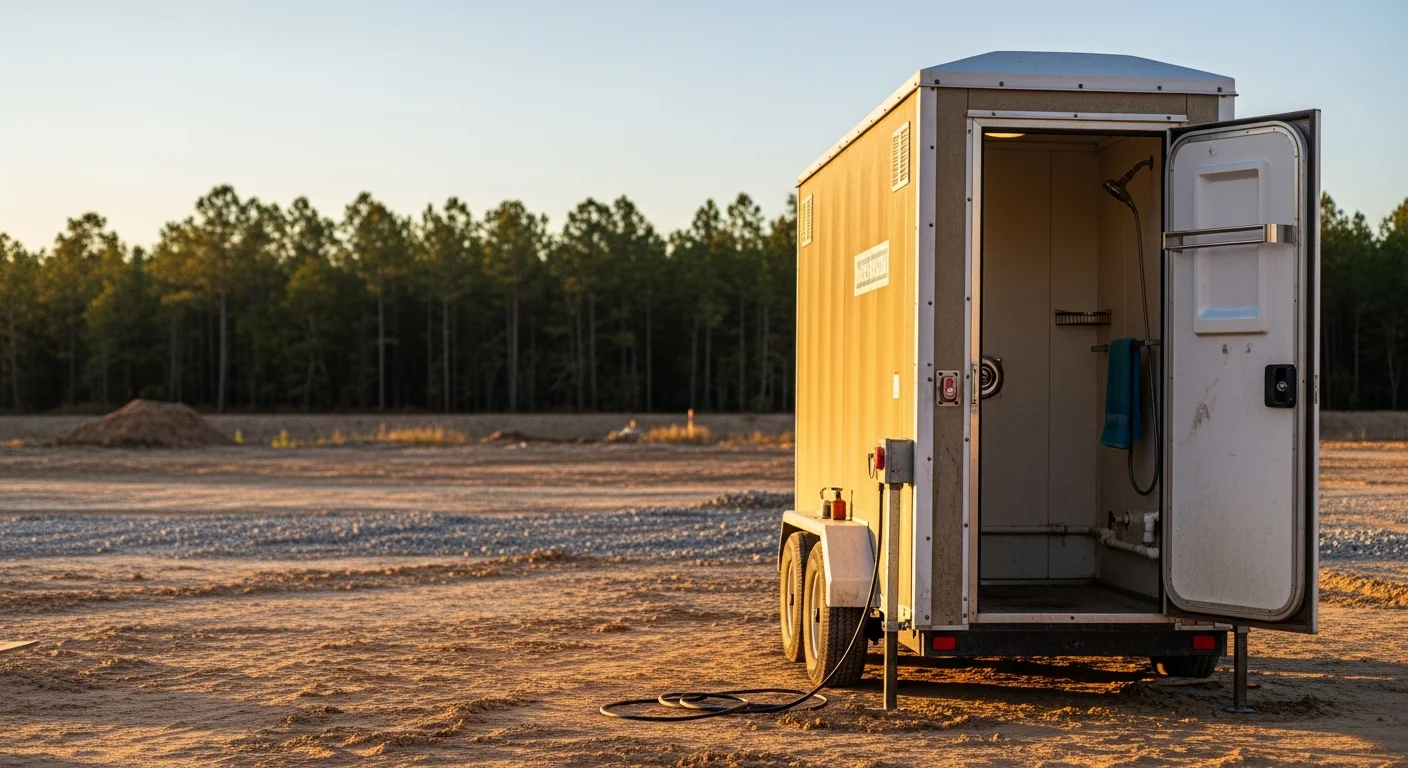 A portable construction shower trailer positioned on a flat job site in Pender County, NC, with a crew access door open and utility connections visible at the base. The surrounding area shows cleared land typical of an active residential or commercial build site in southeastern North Carolina.