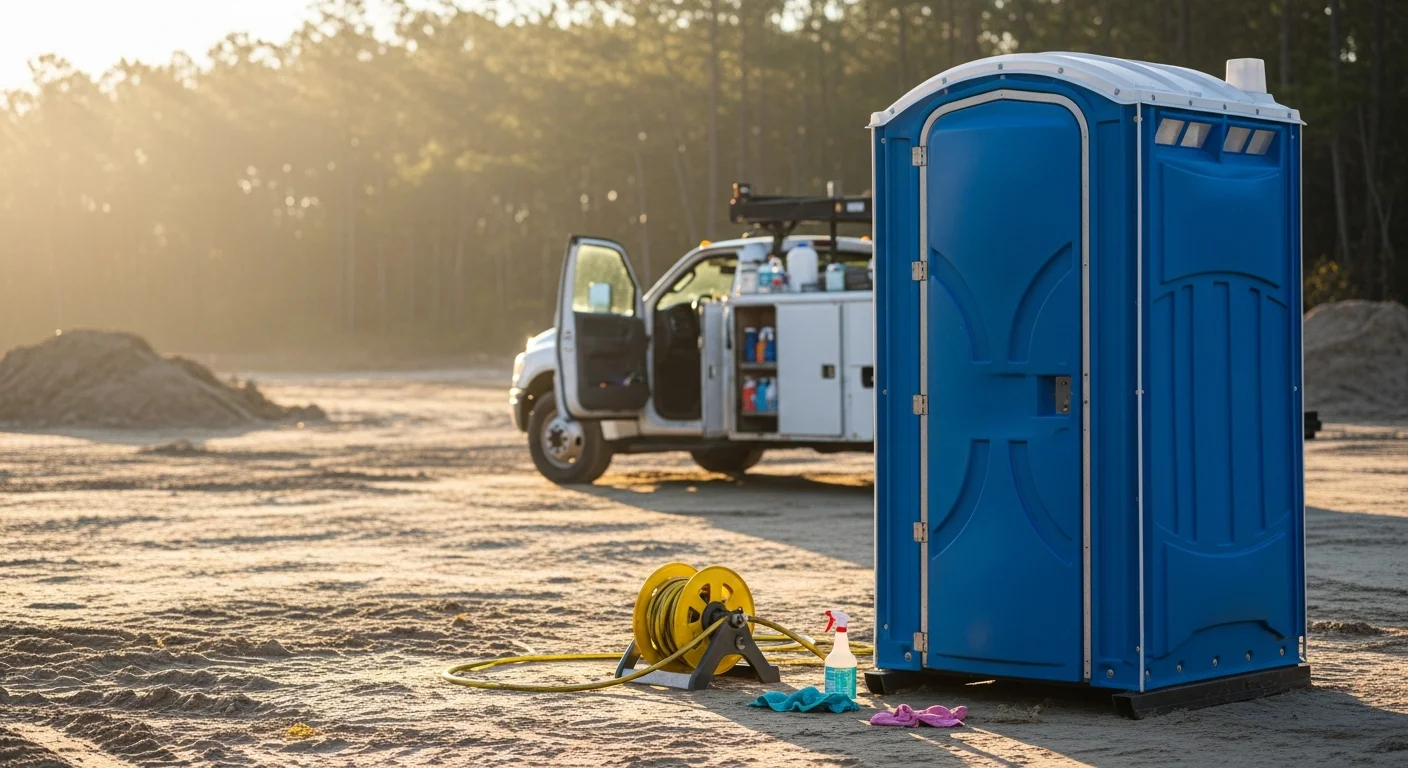 A clean portable restroom unit positioned on a flat, wooded construction site in Pender County, NC. The unit sits near an active residential build with framing visible in the background.