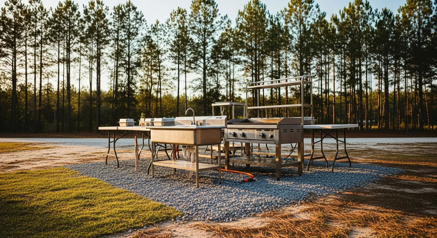 Commercial catering equipment set up at an outdoor event site in Pender County, NC, with cooking stations arranged for a large gathering. A JAW Mitchener event kitchen rental configured for a farm venue wedding reception in the Burgaw area.