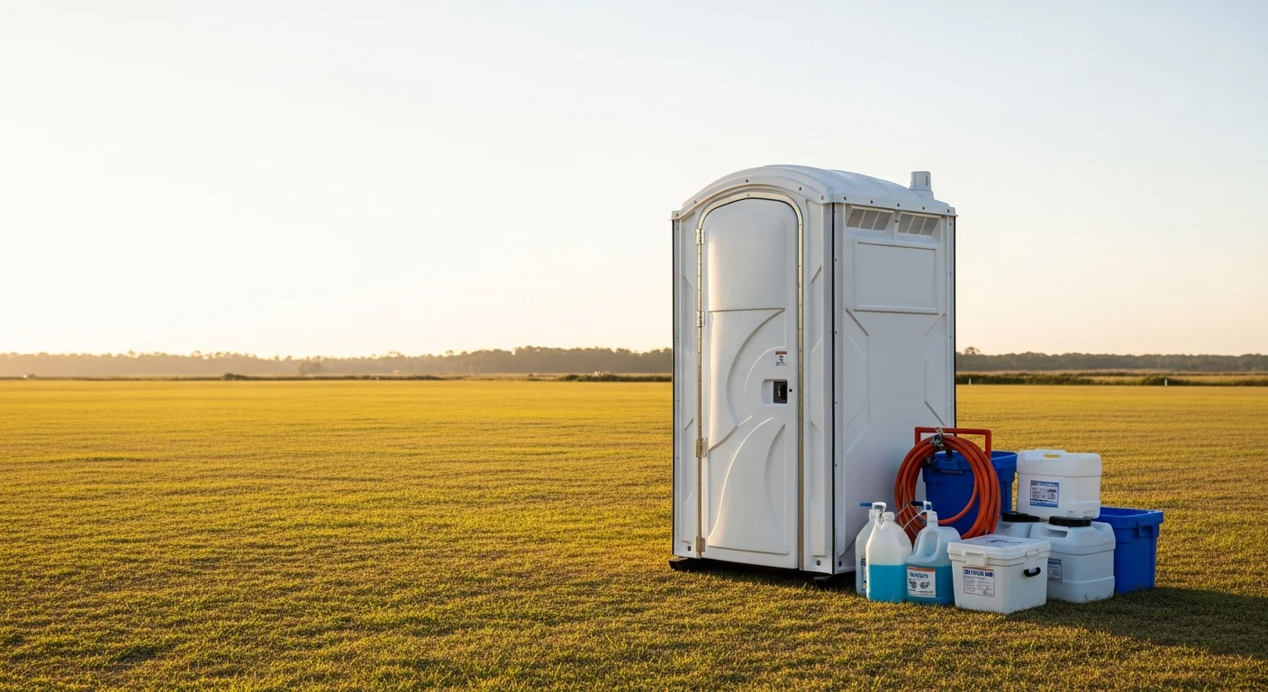 A row of clean portable restroom units staged on a grassy outdoor event site in Pender County, NC, with a farm venue and open field visible in the background. Units are positioned on level ground near a festival gathering area.