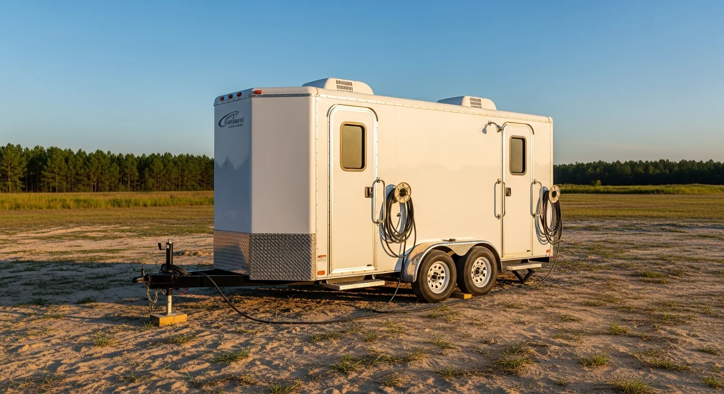 A trailer-mounted portable shower facility set up on an open outdoor event site in Pender County, North Carolina. The unit features enclosed private stalls and is positioned on flat ground near a large outdoor gathering space.