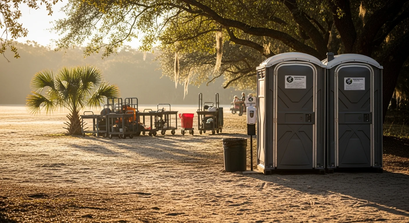 A row of clean portable restrooms and a handwashing station set up on a grass field at an outdoor festival in Pender County, North Carolina. Units are spaced apart with clear foot traffic paths between them.