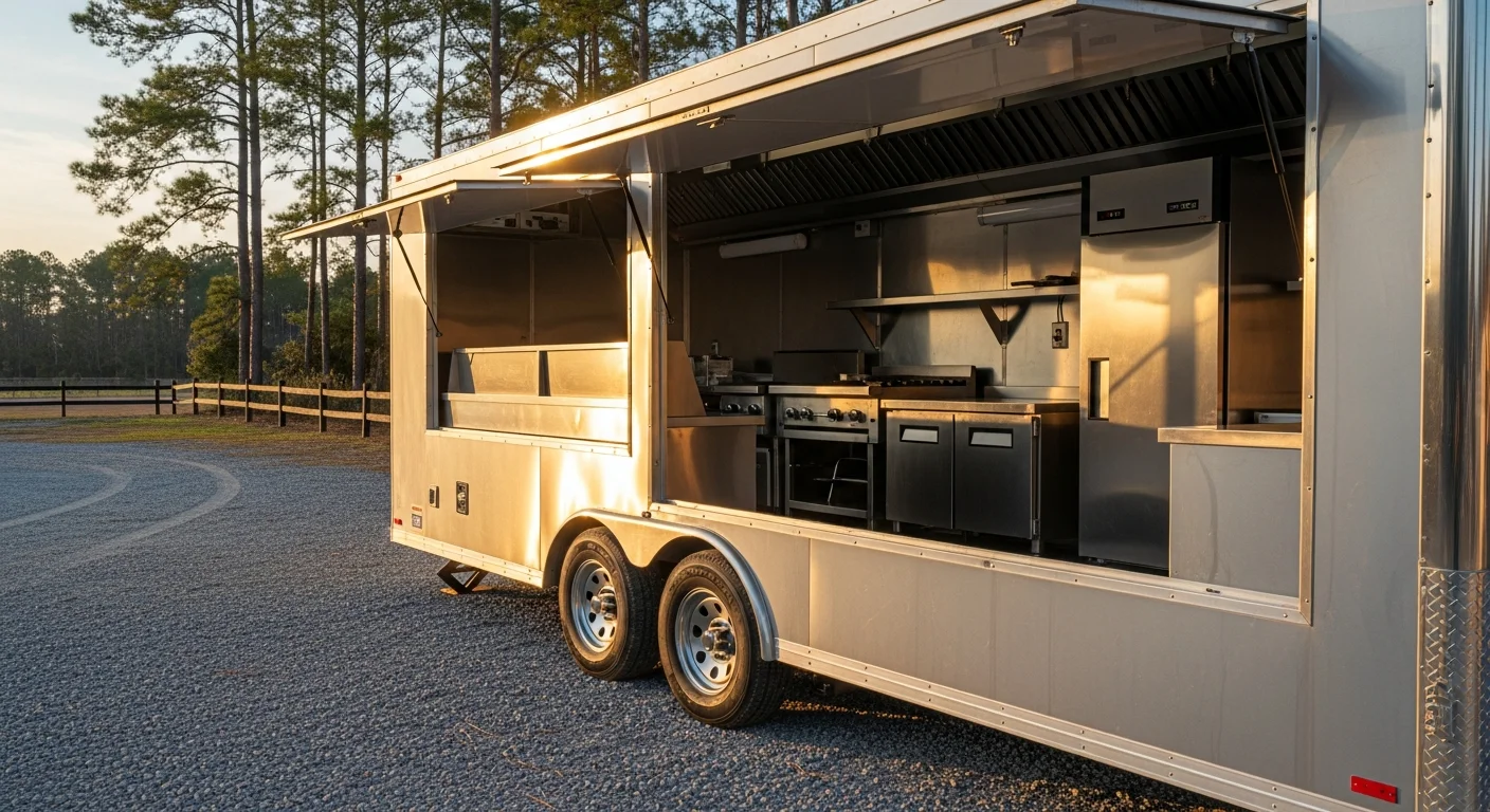 A JAW Mitchener mobile kitchen trailer set up at an outdoor event site in Pender County, NC, with commercial cooking equipment visible through open service panels. The unit is positioned on a gravel lot near a farm venue with open fields in the background.