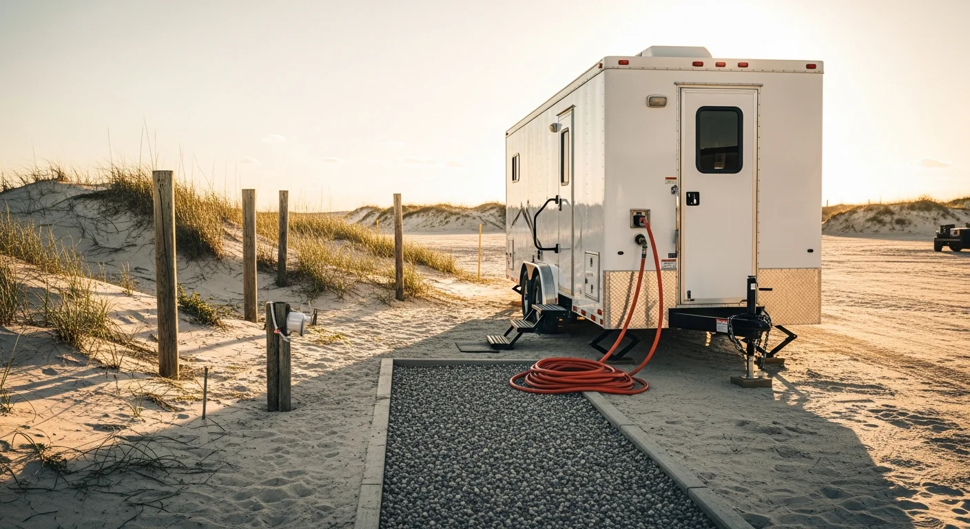 A clean, white mobile shower trailer parked on a flat lot at a Pender County, NC construction site, with the entry door open showing interior stalls. Surrounding area shows sandy coastal plain terrain typical of eastern North Carolina.