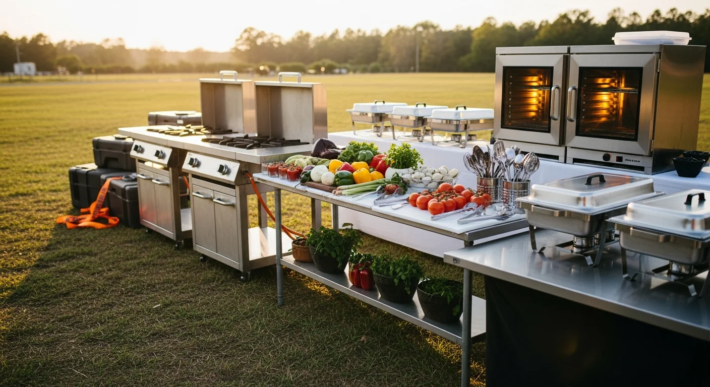 A portable outdoor kitchen setup with a propane grill, prep tables, and chafing dishes arranged on an open-air event site in Pender County, NC. The equipment is staged on a grassy venue ground ready for a catered outdoor event.