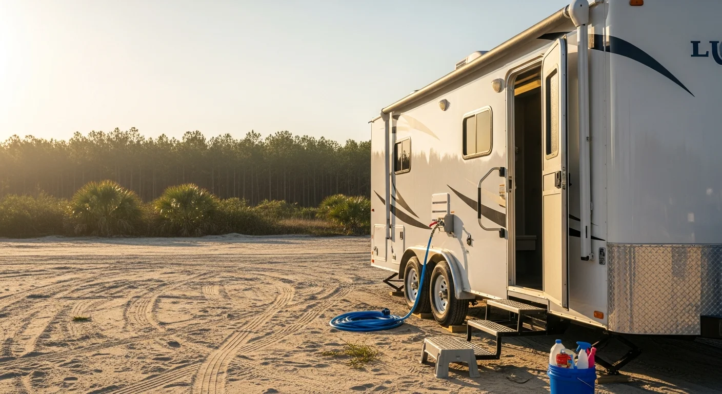 A clean, white multi-stall shower trailer parked on a flat grassy site at an outdoor event in Pender County, NC. The trailer door is open showing private stall interiors and interior lighting.