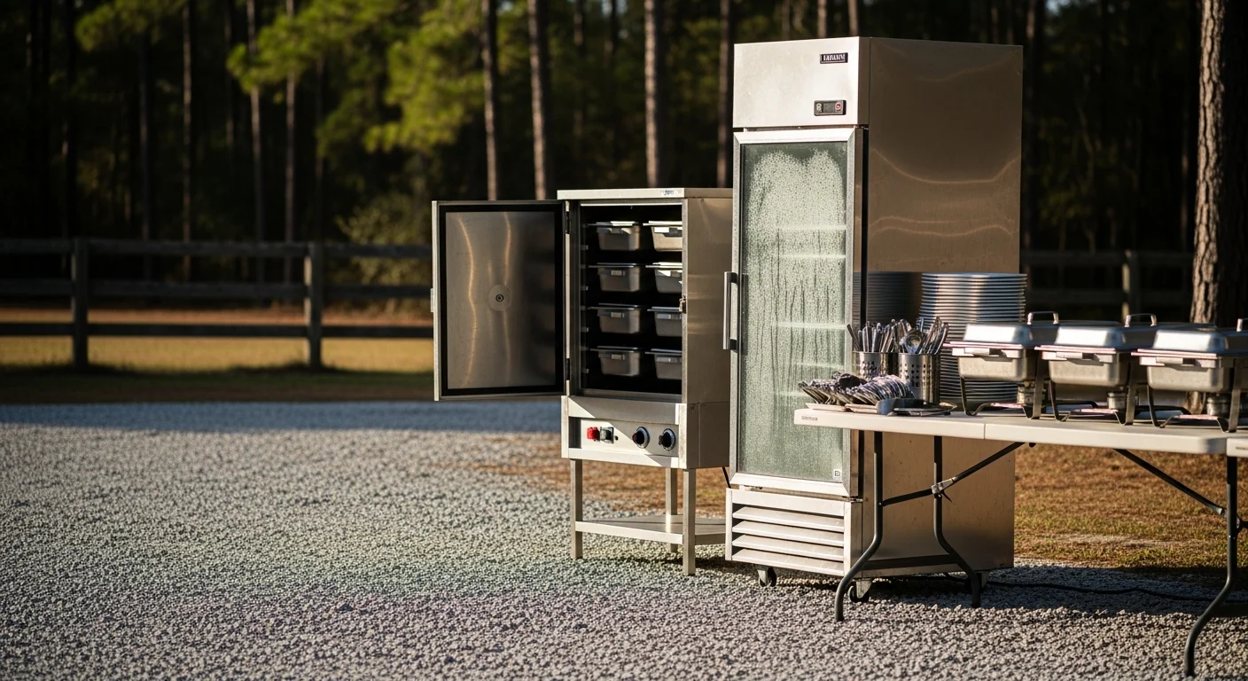 Temporary food service equipment including warming cabinets, chafing dishes, and prep tables set up for an outdoor catered event in Pender County, North Carolina. JAW Mitchener catering equipment rental arranged for an open-air venue with no permanent kitchen access.