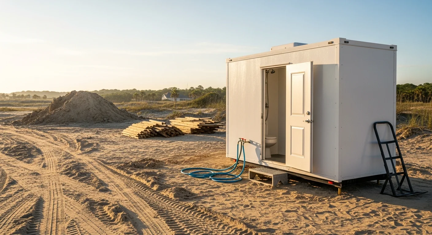 A clean, self-contained temporary shower unit staged on a flat outdoor surface at a Pender County construction site, with a cleared gravel area and active framing visible in the background. The unit door is closed and the exterior shows no visible damage or wear.